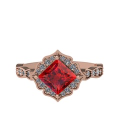 Garnet ve pırlanta 925 ayar rose altın kaplama gümüş yüzük (0.775 karat)