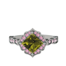 Peridot ve pembe kuvars 14 ayar beyaz altın yüzük