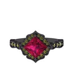 Minimal Gea Yüzük - Rodolit garnet ve peridot 925 ayar siyah rodyum kaplama gümüş yüzük #s6jekl