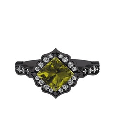 Minimal Gea Yüzük - Peridot ve beyaz zirkon 925 ayar siyah rodyum kaplama gümüş yüzük #tt0lyb