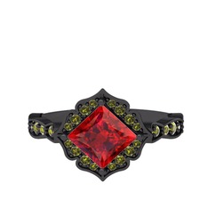 Minimal Gea Yüzük - Garnet ve peridot 925 ayar siyah rodyum kaplama gümüş yüzük #y3kndm