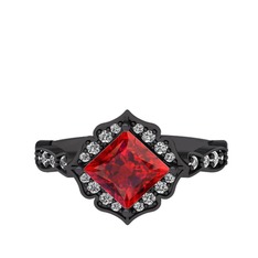 Minimal Gea Yüzük - Garnet ve beyaz zirkon 925 ayar siyah rodyum kaplama gümüş yüzük #yf1snu