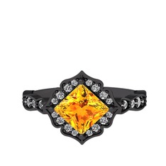 Minimal Gea Yüzük - Sitrin ve beyaz zirkon 925 ayar siyah rodyum kaplama gümüş yüzük #zcc09s