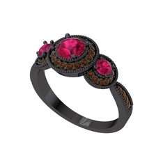 Elia Tria Yüzük - Rodolit garnet ve dumanlı kuvars 925 ayar siyah rodyum kaplama gümüş yüzük #17bb74g