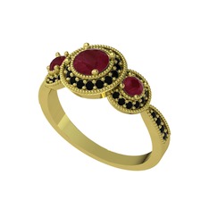 Elia Tria Yüzük - Kök yakut ve siyah zirkon 925 ayar altın kaplama gümüş yüzük #186mo4s