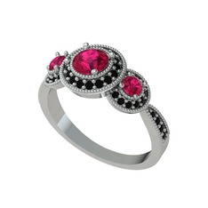 Rodolit garnet ve siyah zirkon 18 ayar beyaz altın yüzük