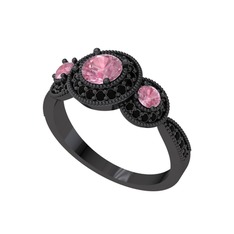 Elia Tria Yüzük - Pembe kuvars ve siyah zirkon 925 ayar siyah rodyum kaplama gümüş yüzük #1kcezxk