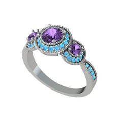Ametist ve akuamarin 14 ayar beyaz altın yüzük