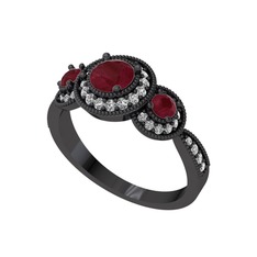 Elia Tria Yüzük - Kök yakut ve swarovski 925 ayar siyah rodyum kaplama gümüş yüzük #1msh0sg