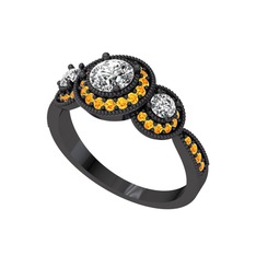 Swarovski ve sitrin 925 ayar siyah rodyum kaplama gümüş yüzük