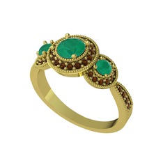 Kök zümrüt ve dumanlı kuvars 14 ayar altın yüzük