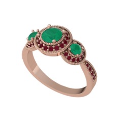 Elia Tria Yüzük - Kök zümrüt ve kök yakut 8 ayar rose altın yüzük #31ywls