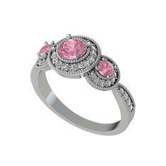 Pembe kuvars ve beyaz zirkon 18 ayar beyaz altın yüzük
