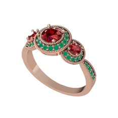 Elia Tria Yüzük - Garnet ve kök zümrüt 14 ayar rose altın yüzük #i4yw4t