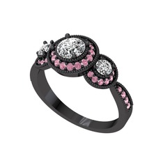 Elia Tria Yüzük - Swarovski ve pembe kuvars 925 ayar siyah rodyum kaplama gümüş yüzük #xb9a0b
