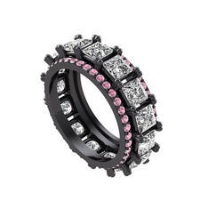 Swarovski ve pembe kuvars 925 ayar siyah rodyum kaplama gümüş yüzük