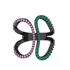 Duo Yüzük - Pembe kuvars ve kök zümrüt 925 ayar siyah rodyum kaplama gümüş yüzük #12mq5e