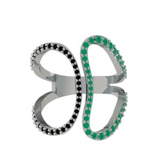 Siyah zirkon ve kök zümrüt 14 ayar beyaz altın yüzük