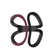Rodolit garnet ve siyah zirkon 925 ayar siyah rodyum kaplama gümüş yüzük