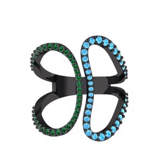 Duo Yüzük - Yeşil kuvars ve akuamarin 925 ayar siyah rodyum kaplama gümüş yüzük #19dz13z