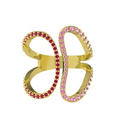 Duo Yüzük - Rodolit garnet ve pembe kuvars 14 ayar altın yüzük #19jnhsc