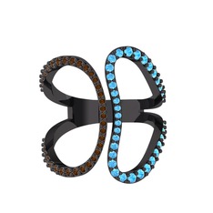 Duo Yüzük - Dumanlı kuvars ve akuamarin 925 ayar siyah rodyum kaplama gümüş yüzük #1ak4mz9