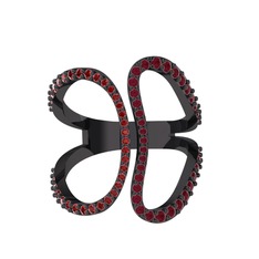 Duo Yüzük - Garnet ve kök yakut 925 ayar siyah rodyum kaplama gümüş yüzük #1b1rrbp