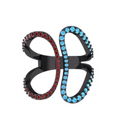 Garnet ve akuamarin 925 ayar siyah rodyum kaplama gümüş yüzük