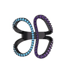 Duo Yüzük - Akuamarin ve ametist 925 ayar siyah rodyum kaplama gümüş yüzük #1f76425