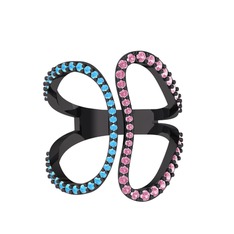 Akuamarin ve pembe kuvars 925 ayar siyah rodyum kaplama gümüş yüzük