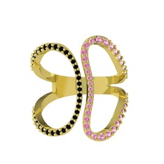 Duo Yüzük - Siyah zirkon ve pembe kuvars 18 ayar altın yüzük #1hf1tqt