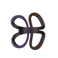 Duo Yüzük - Ametist ve dumanlı kuvars 925 ayar siyah rodyum kaplama gümüş yüzük #1iyv0qf