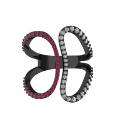 Duo Yüzük - Rodolit garnet ve swarovski 925 ayar siyah rodyum kaplama gümüş yüzük #1k2e7k3