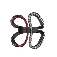 Duo Yüzük - Garnet ve swarovski 925 ayar siyah rodyum kaplama gümüş yüzük #1m6rl2y