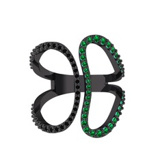 Duo Yüzük - Siyah zirkon ve yeşil kuvars 925 ayar siyah rodyum kaplama gümüş yüzük #1mq7mn7