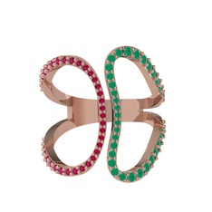 Duo Yüzük - Rodolit garnet ve kök zümrüt 14 ayar rose altın yüzük #1qw9375