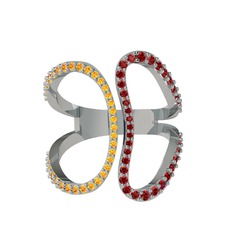 Duo Yüzük - Sitrin ve garnet 18 ayar beyaz altın yüzük #1rn6190
