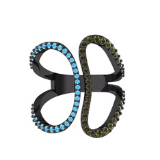 Duo Yüzük - Akuamarin ve peridot 925 ayar siyah rodyum kaplama gümüş yüzük #1svt0ov