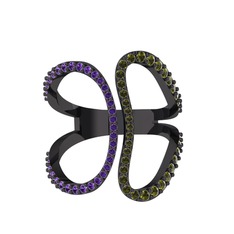 Duo Yüzük - Ametist ve peridot 925 ayar siyah rodyum kaplama gümüş yüzük #1t4dmyt