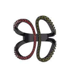 Duo Yüzük - Garnet ve peridot 925 ayar siyah rodyum kaplama gümüş yüzük #1tl8ve9
