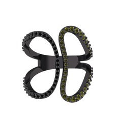 Duo Yüzük - Siyah zirkon ve peridot 925 ayar siyah rodyum kaplama gümüş yüzük #1tziigc