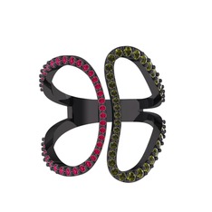 Rodolit garnet ve peridot 925 ayar siyah rodyum kaplama gümüş yüzük