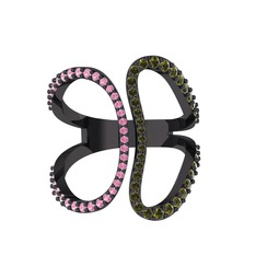 Pembe kuvars ve peridot 925 ayar siyah rodyum kaplama gümüş yüzük