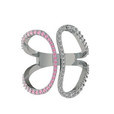 Duo Yüzük - Pembe kuvars ve swarovski 8 ayar beyaz altın yüzük #c80021