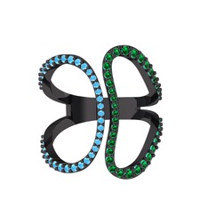 Duo Yüzük - Akuamarin ve yeşil kuvars 925 ayar siyah rodyum kaplama gümüş yüzük #ew6hx