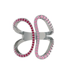 Rodolit garnet ve pembe kuvars 14 ayar beyaz altın yüzük