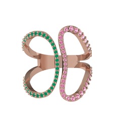 Duo Yüzük - Kök zümrüt ve pembe kuvars 14 ayar rose altın yüzük #i4fddo