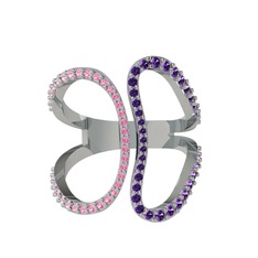 Duo Yüzük - Pembe kuvars ve ametist 14 ayar beyaz altın yüzük #ifgsq9