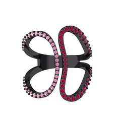 Pembe kuvars ve rodolit garnet 925 ayar siyah rodyum kaplama gümüş yüzük