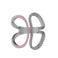 Pembe kuvars ve pırlanta 14 ayar beyaz altın yüzük (0.36 karat)